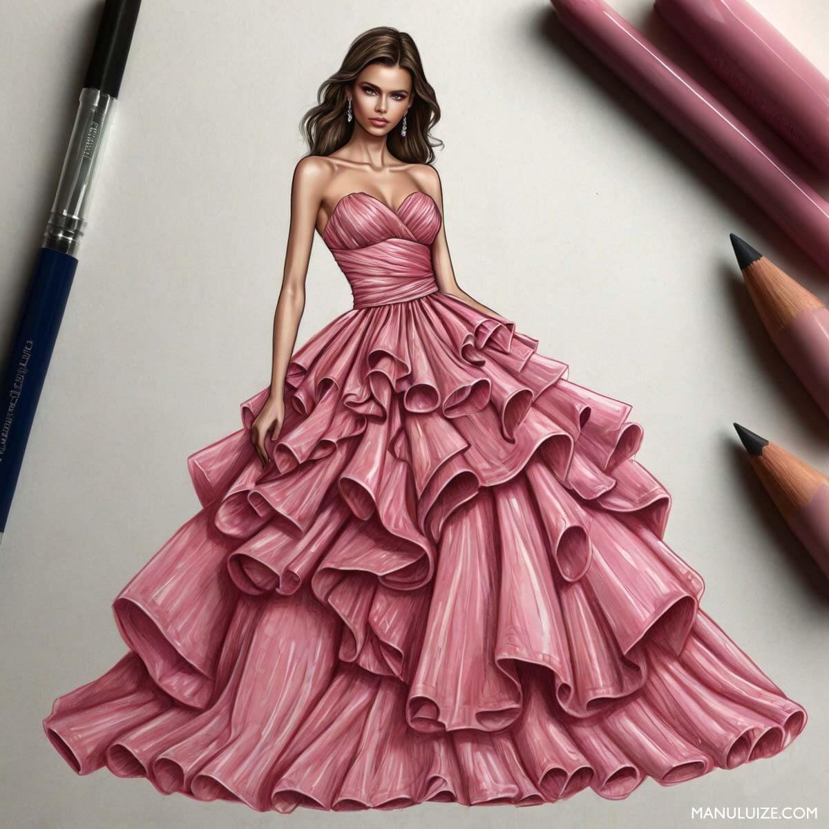 Croqui de moda: Vestido de alta costura rosa