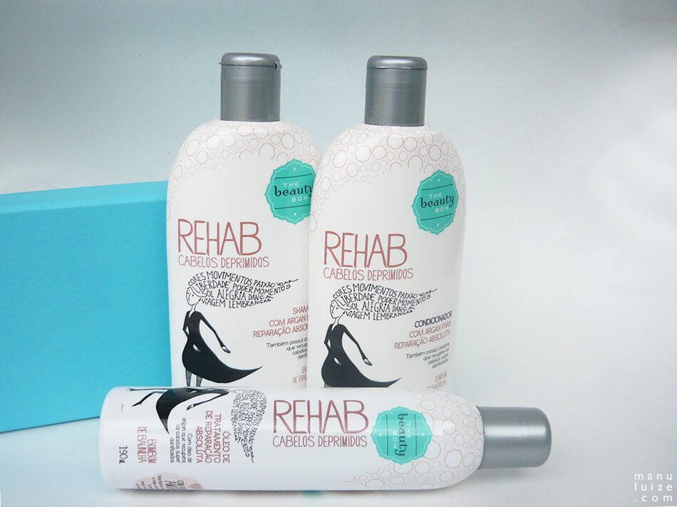 Shampoo, condicionador e óleo da The Beauty Box, linha Rehab