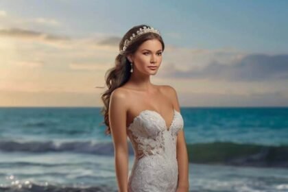 Vestido de noiva sereia na praia