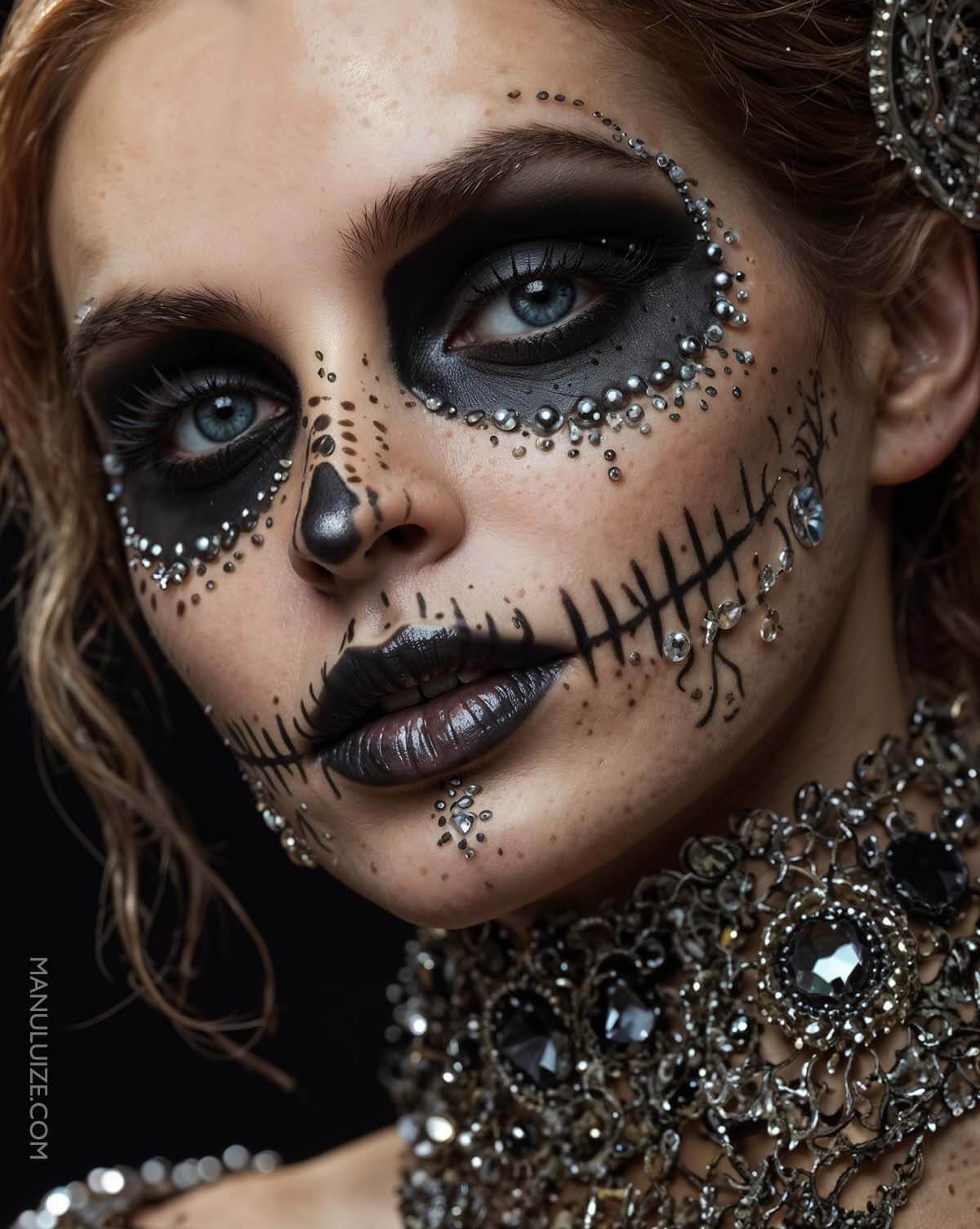 Halloween makeup: rhinestones skull