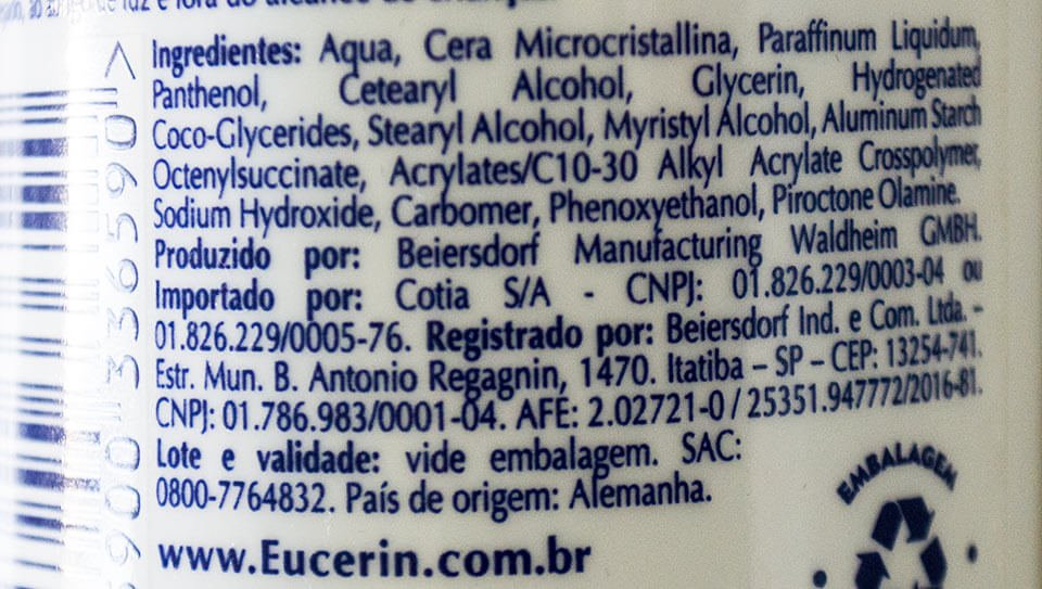 Hidratante corporal banho Eucerin: ingredientes