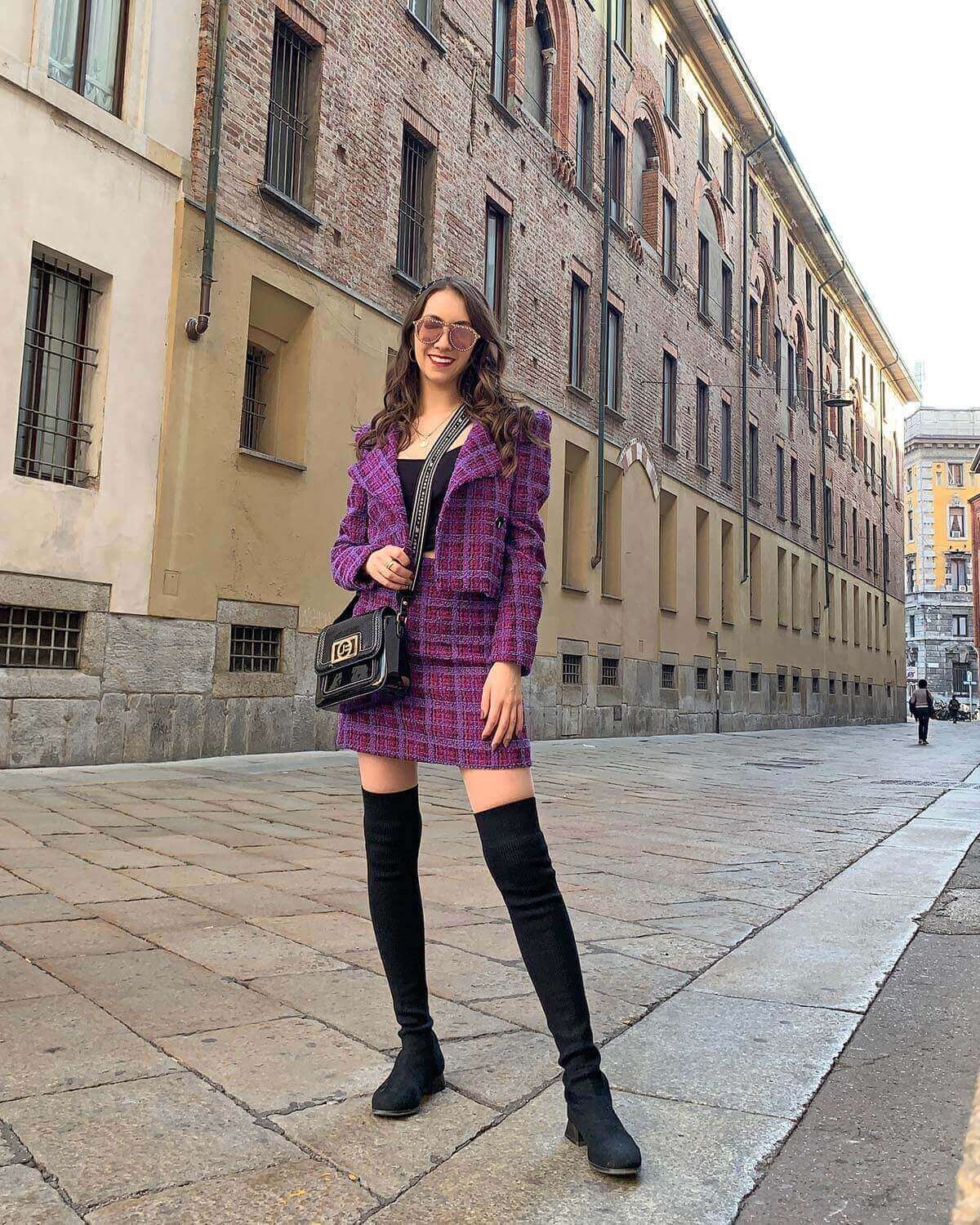 3 French outfits: purple tweed skirt and jacket