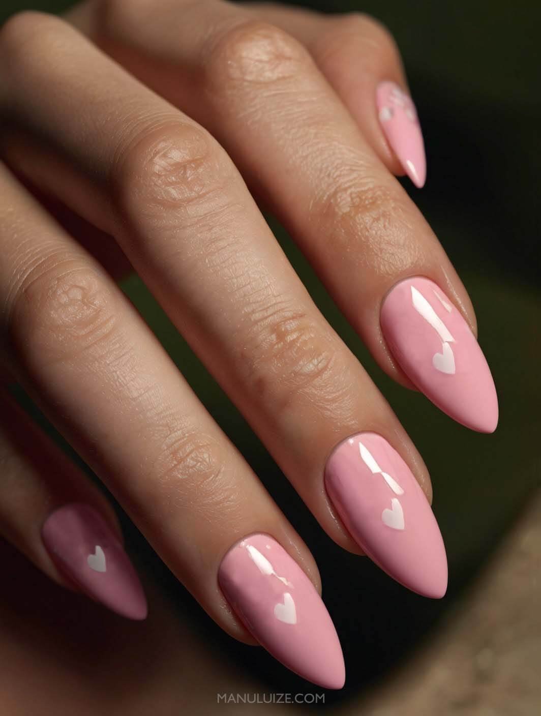 Baby pink nails white hearts