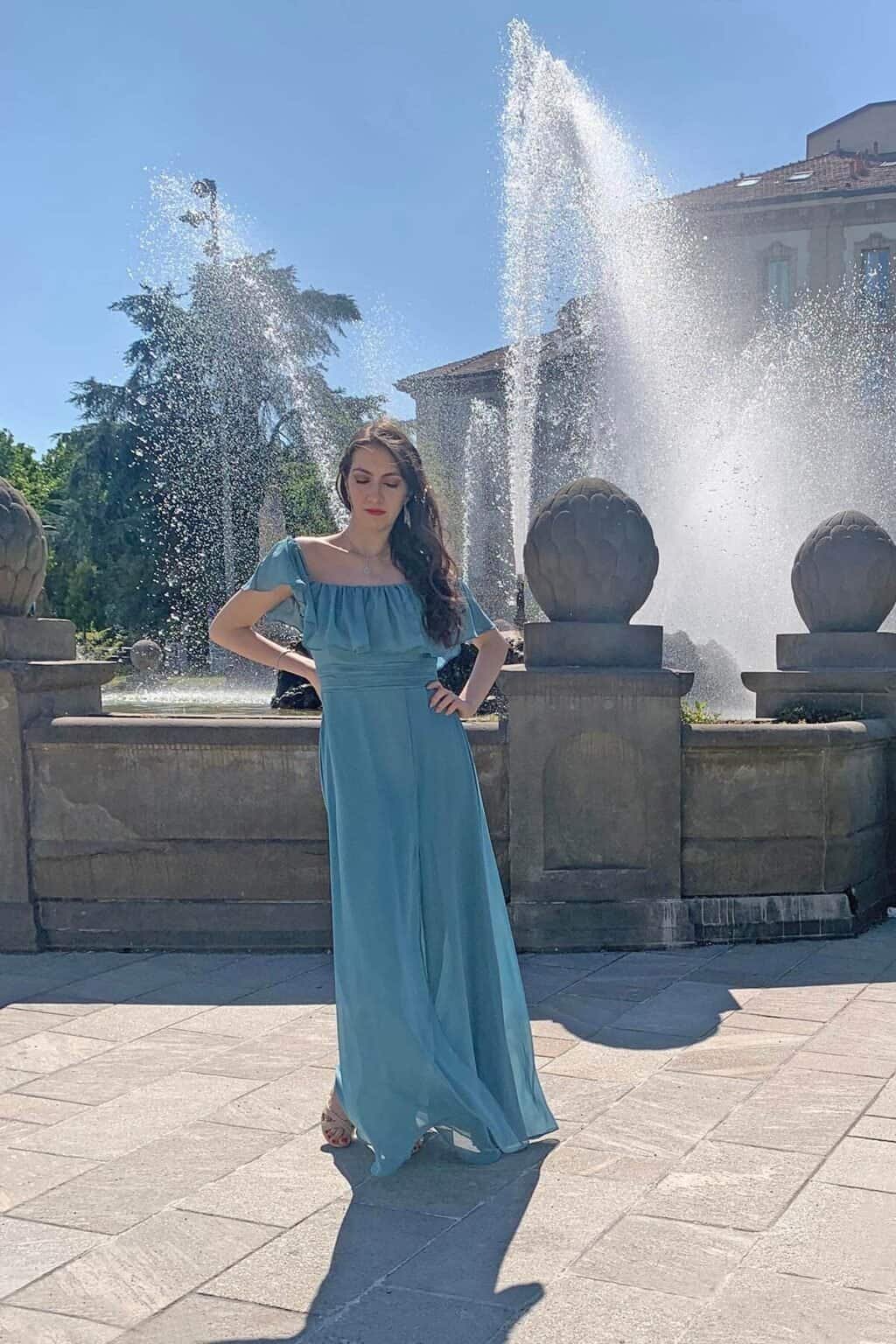 Pretty Blue V Neck Satin Beaded Long Wedding Guest Dress One Shoulder Party Dress Prom Gown SP1579