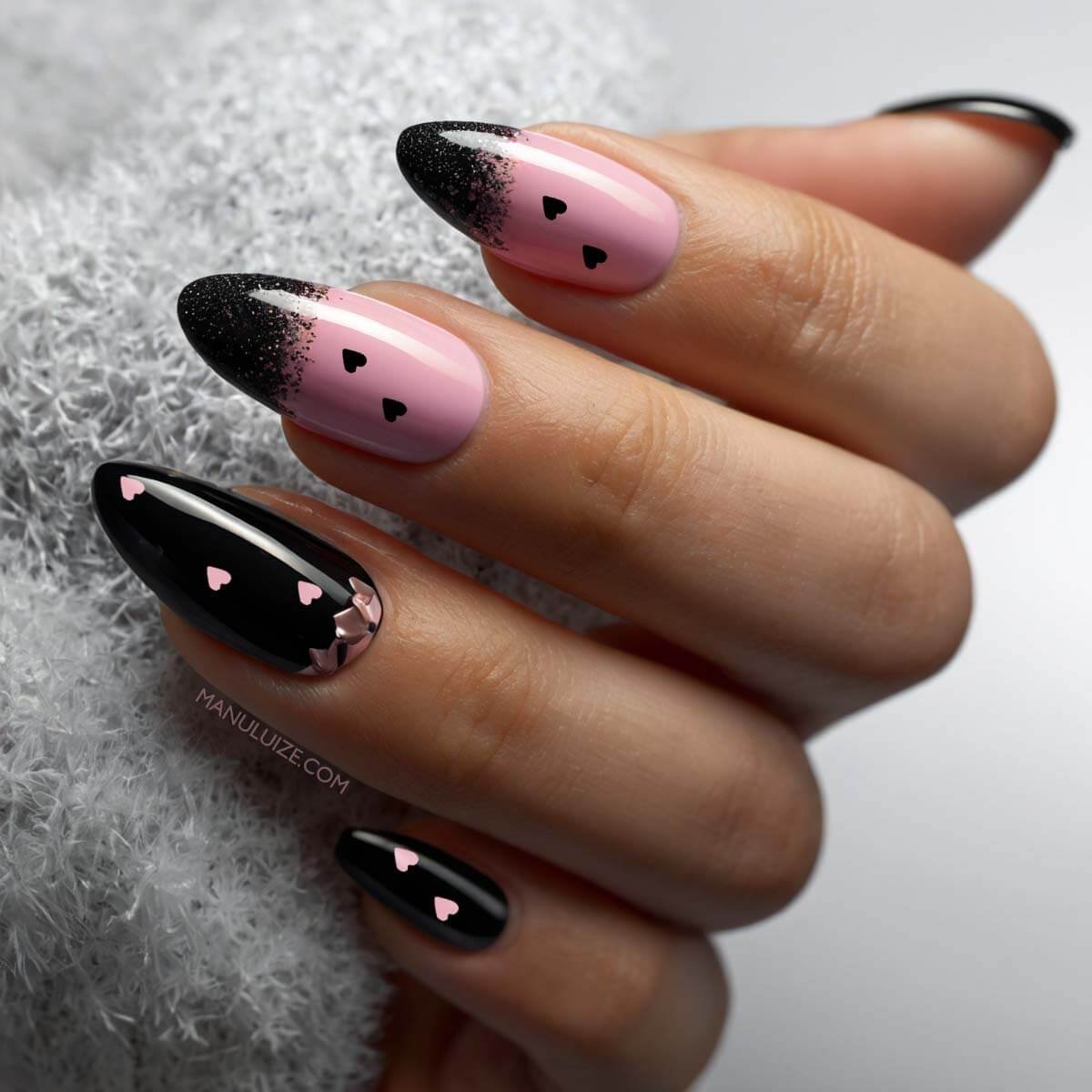 Black and Pink Heart Nails for Valentine's Days