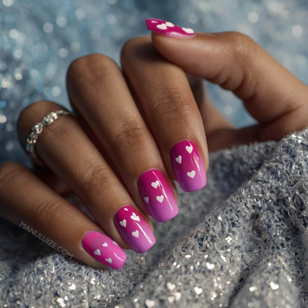 Dark pink ombré nails with hearts