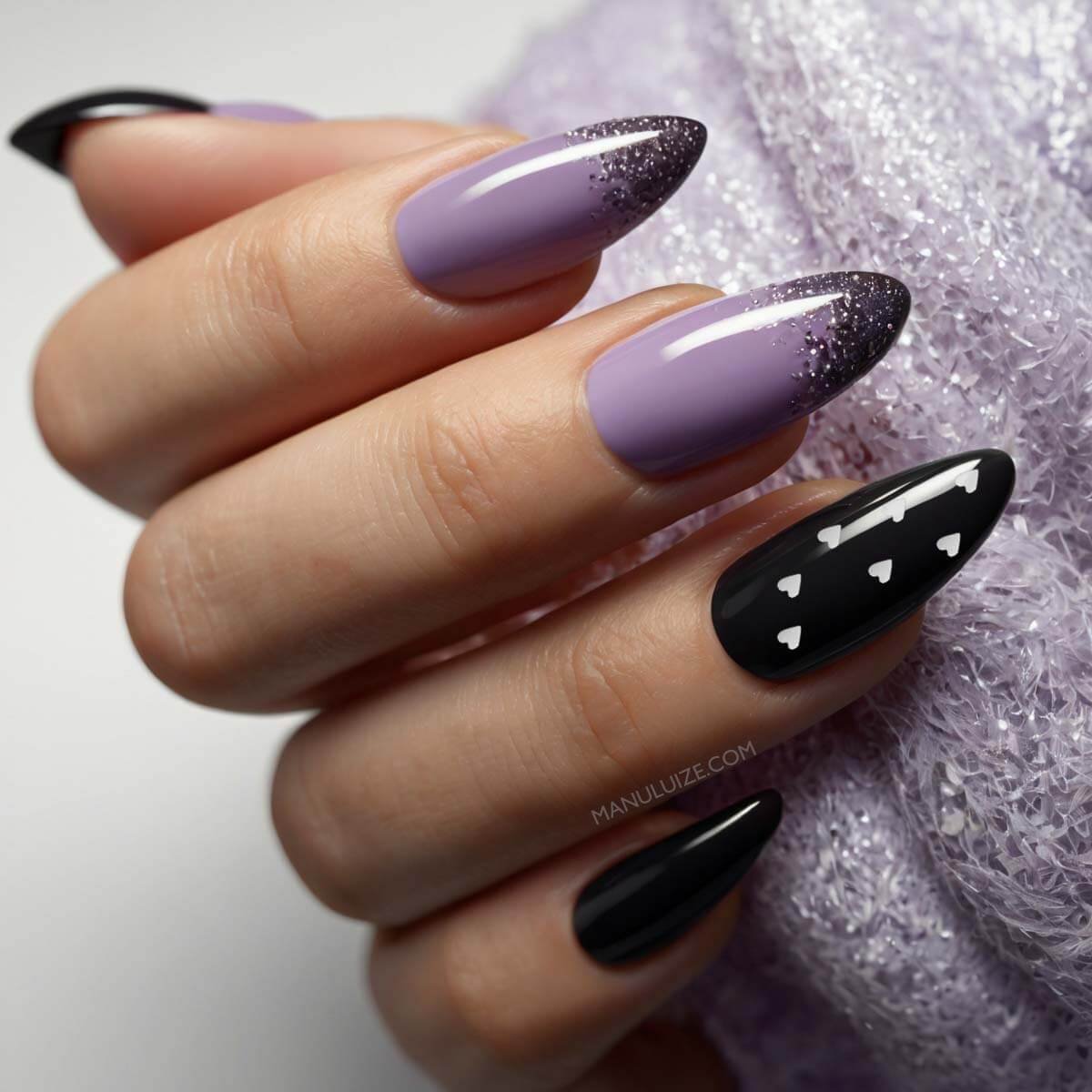 Lilac and Black heart nails