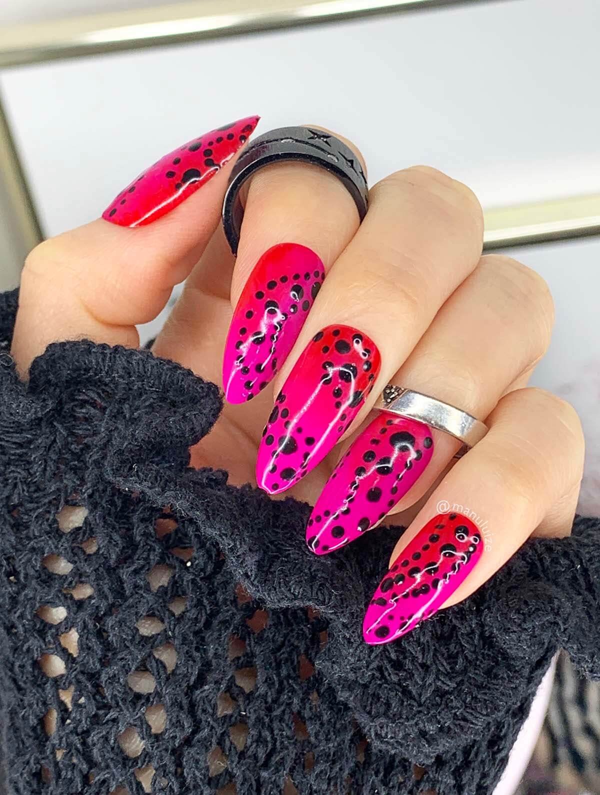 Red and pink polka dots nail art