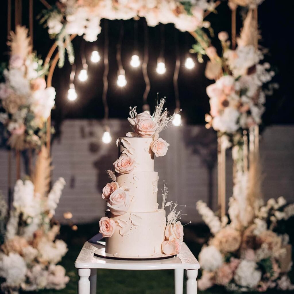 blush wedding cake design with 4 tiers
