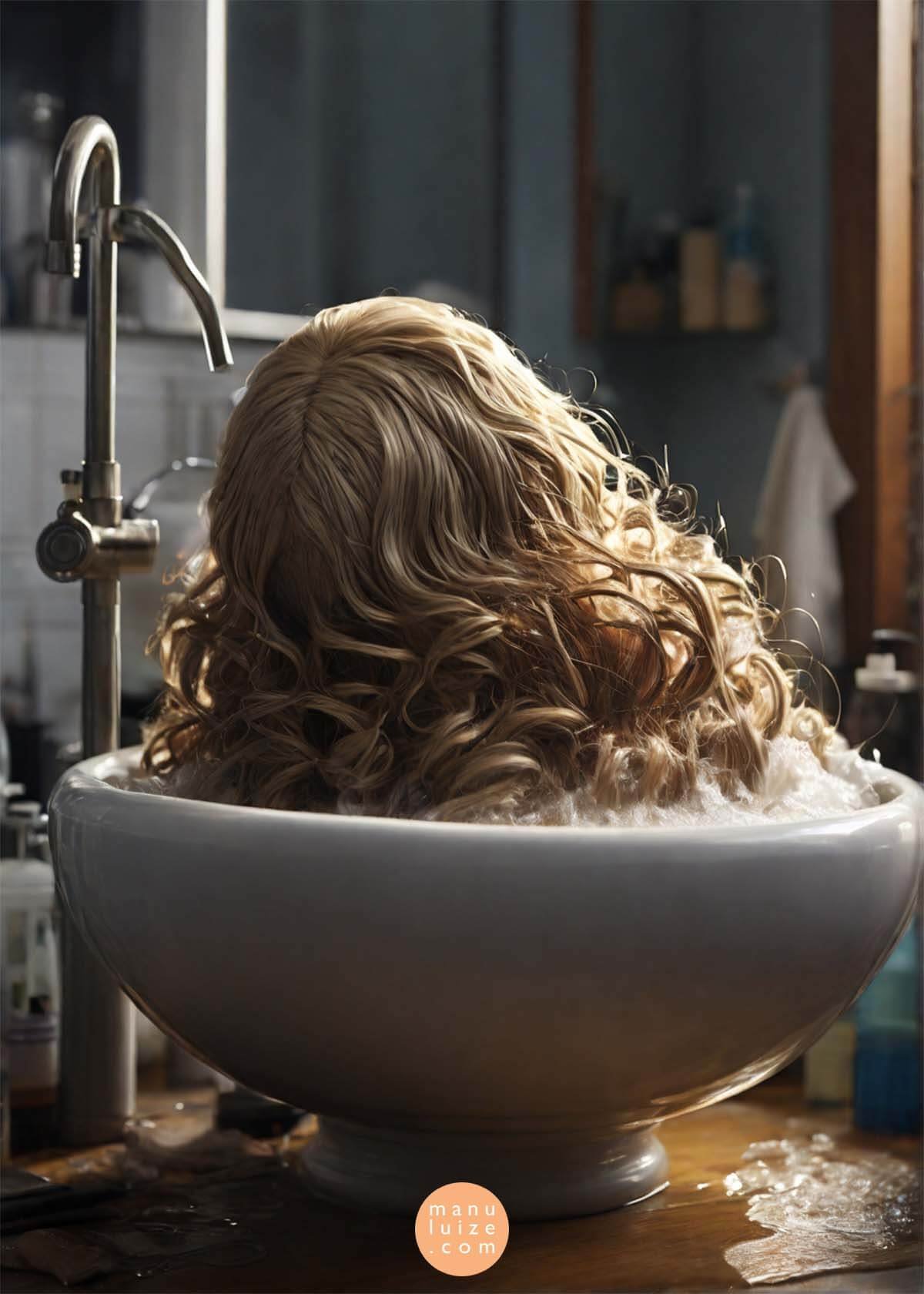 how to wash a wig: blonde wig in a sink