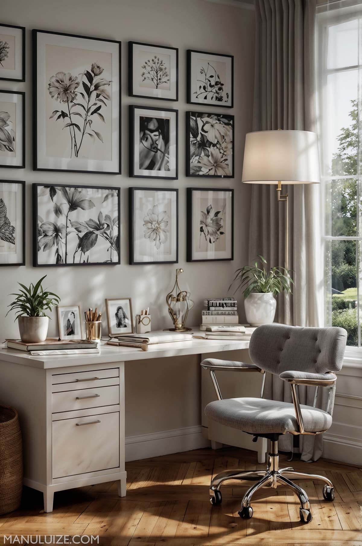 black and white feminine home office