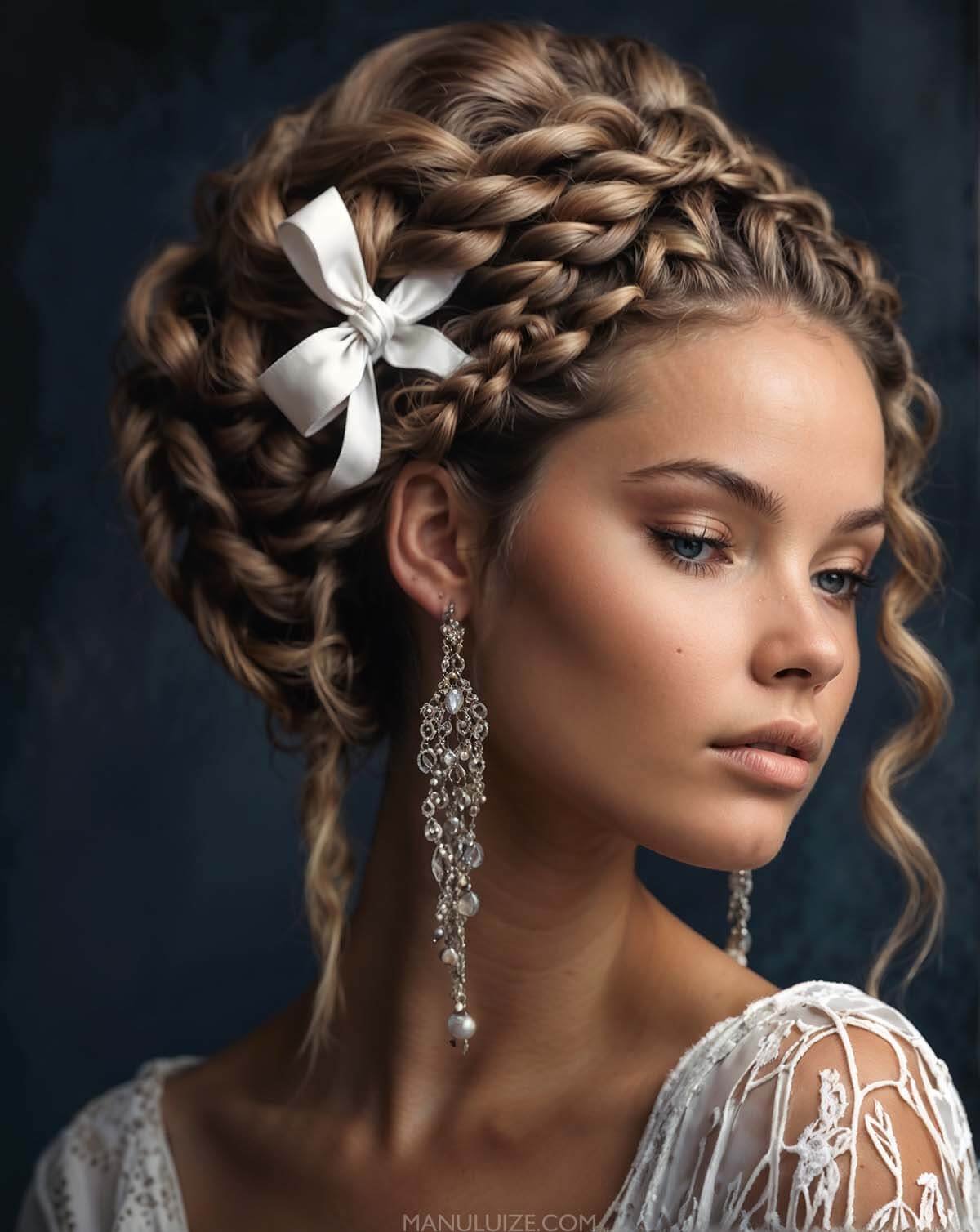 Boho braided updo with a white ribbon