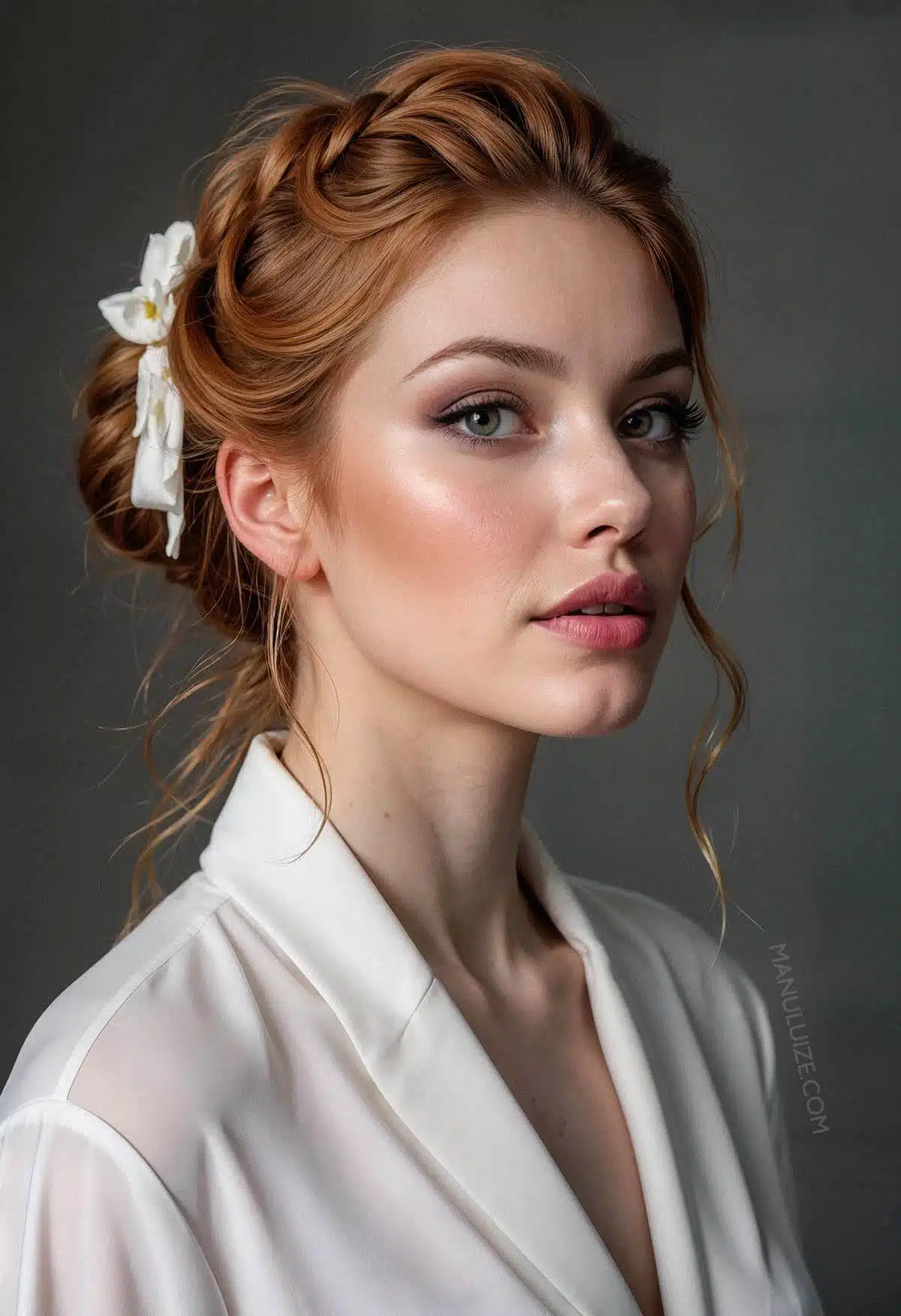 Boho braided updo with a white ribbon Boho bridal updo with bow