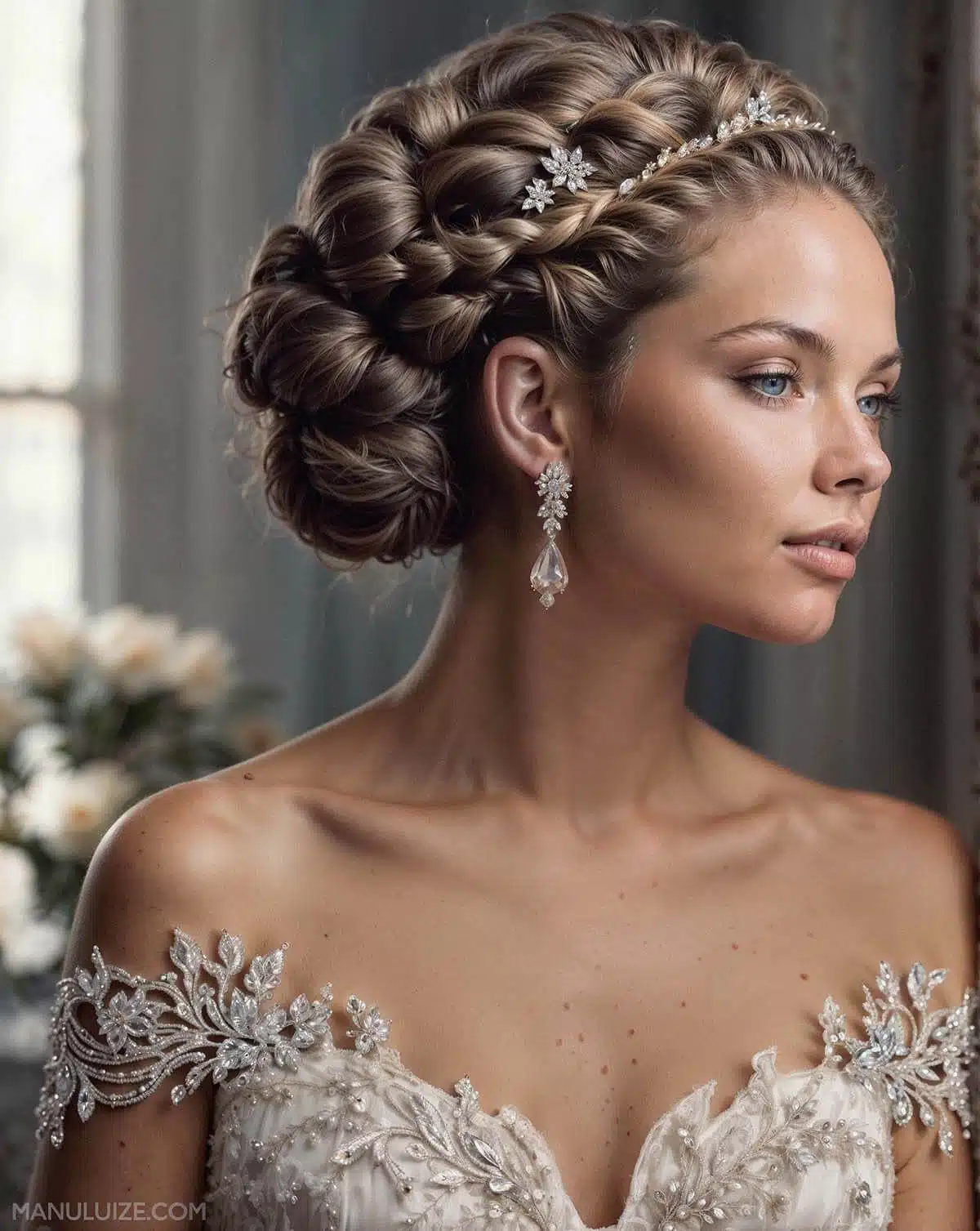 Braided Updo with Jeweled Accessories Braided bridal updo with accessories