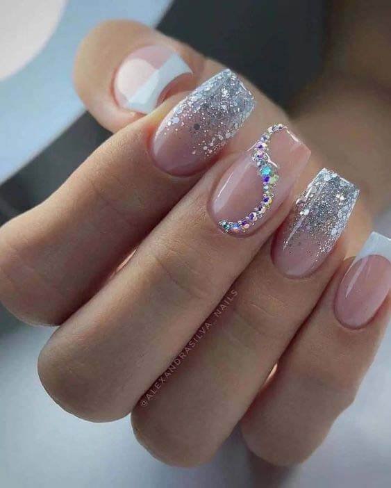 French silver and rhinestones manicure