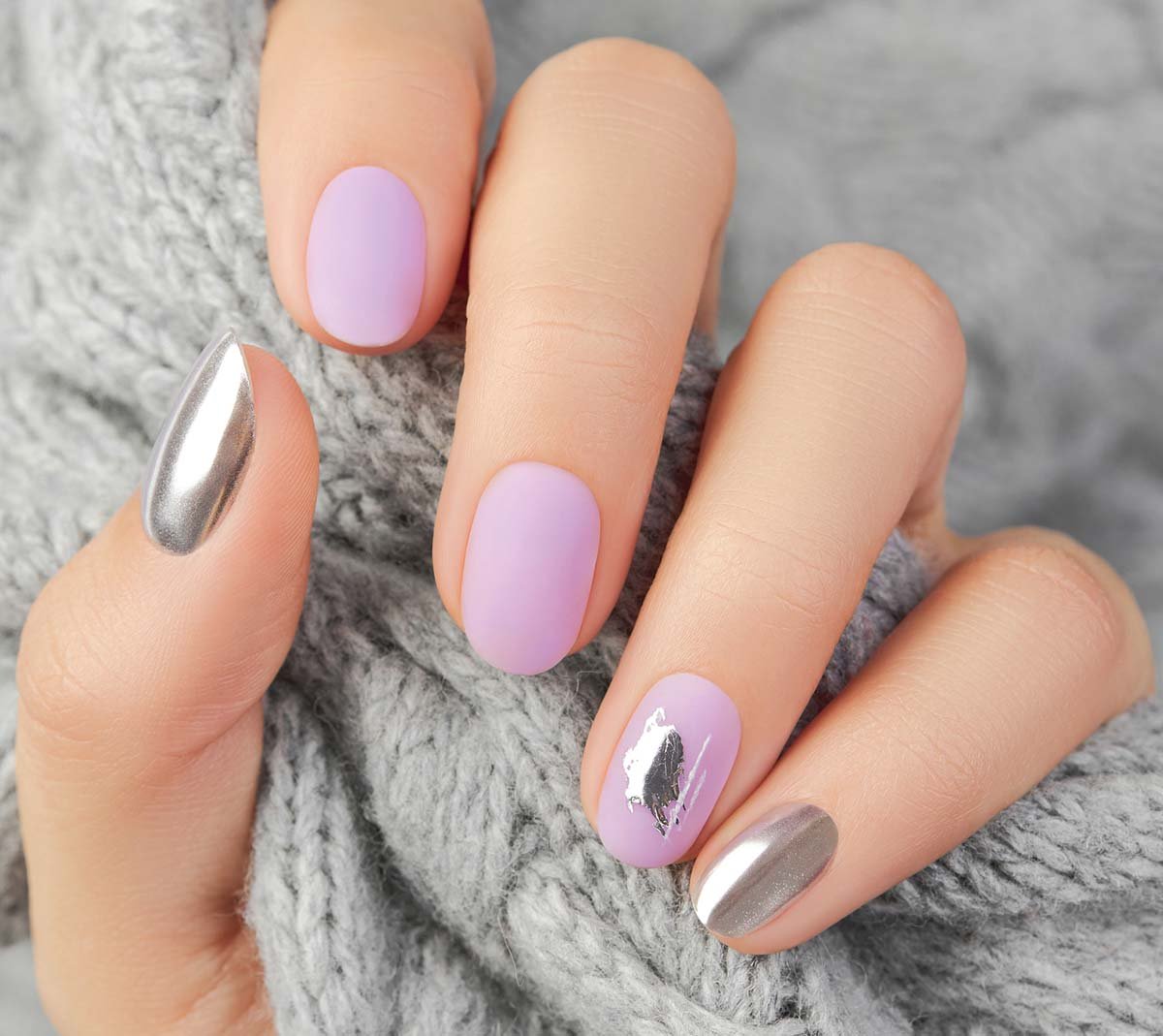Lilac nails with silver mail polish