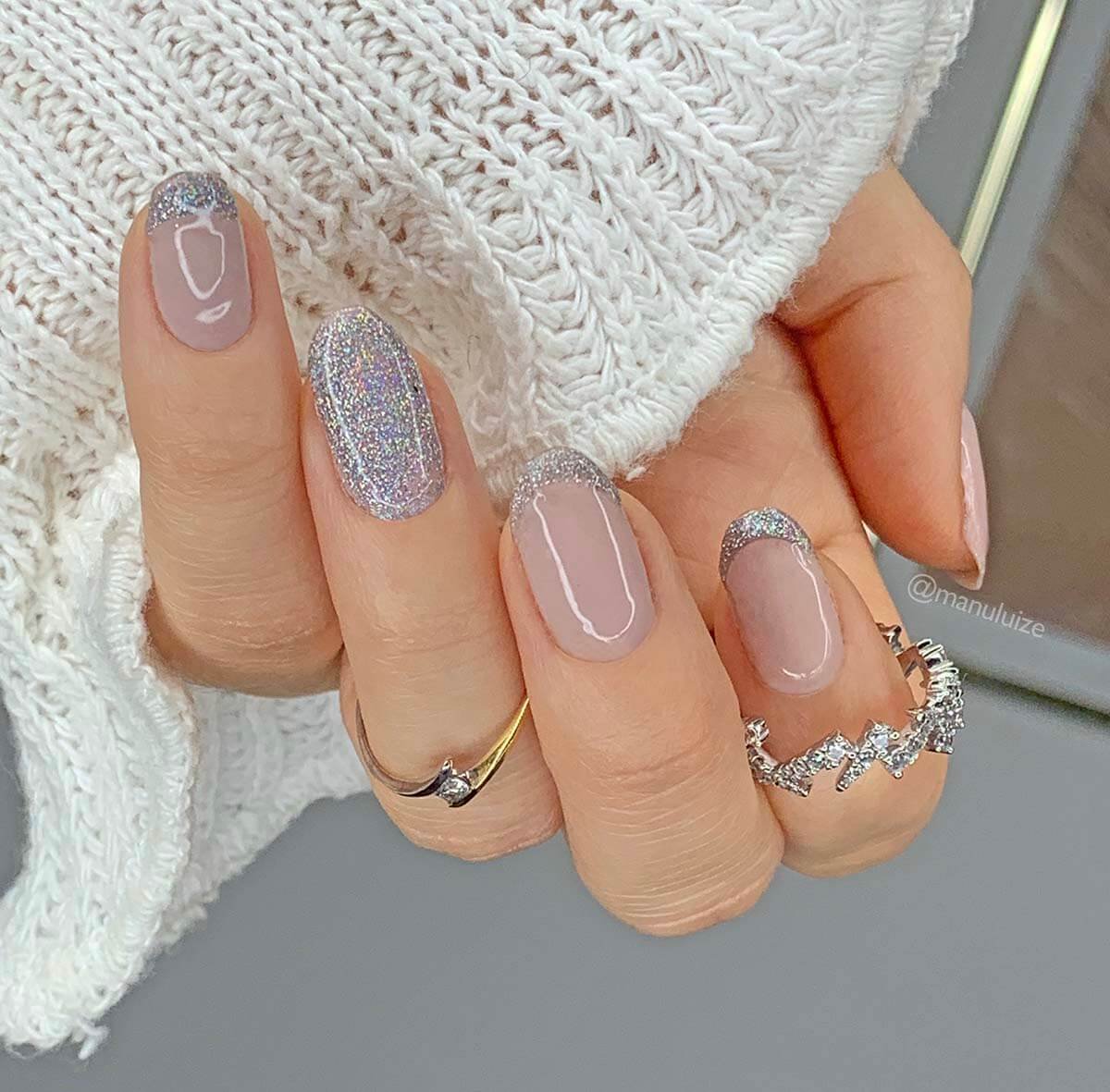 Nude and silver French nails