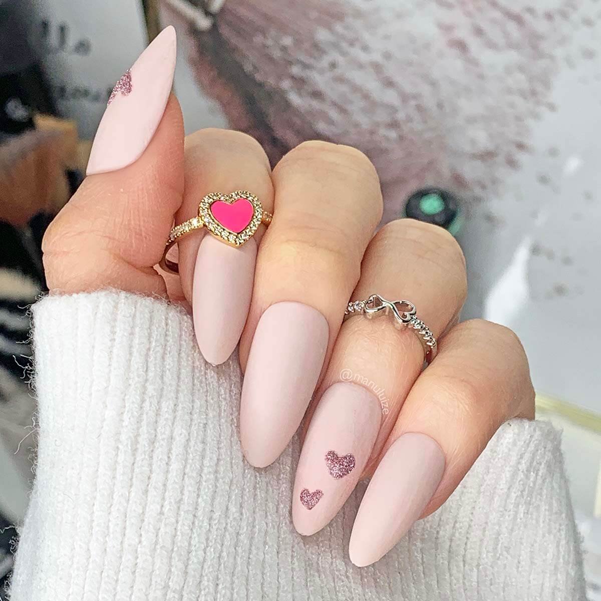 Pink Glitter Heart Nail Art