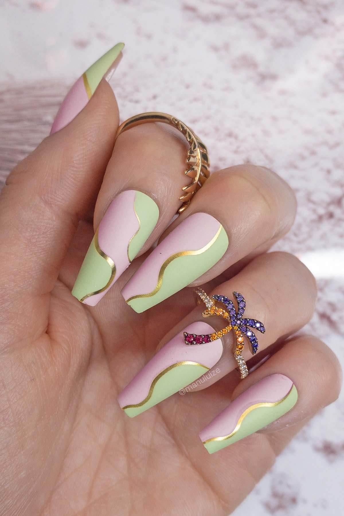Pastel pink and green nails