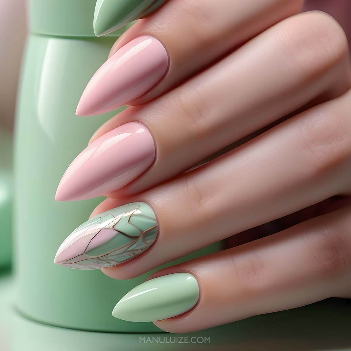 Pastel green and pink nail art