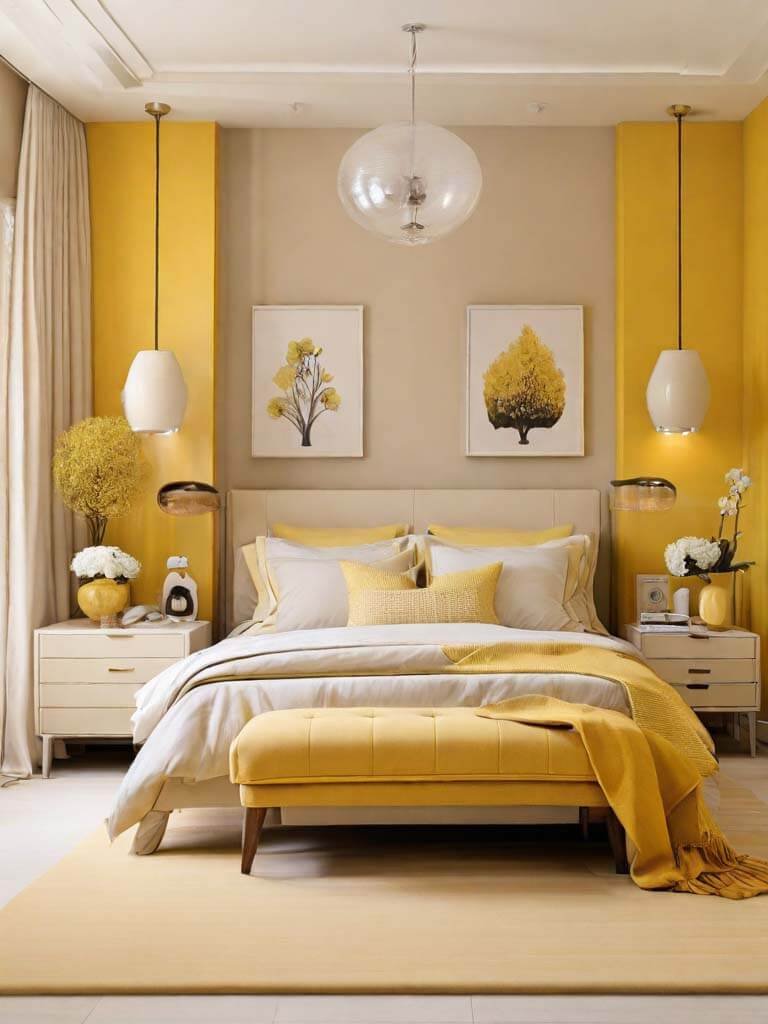 yellow and beige bedroom decor
