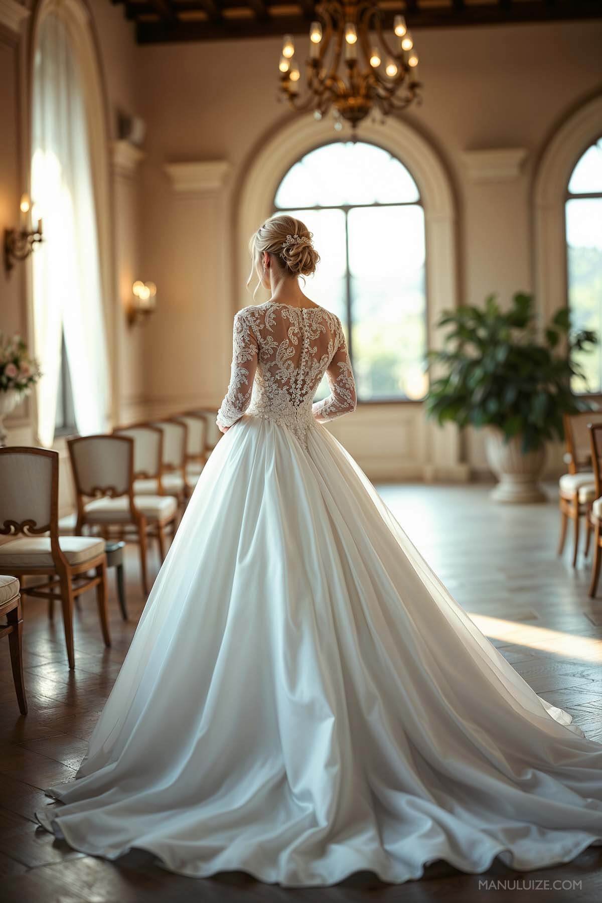 Long sleeve wedding dress with long trail