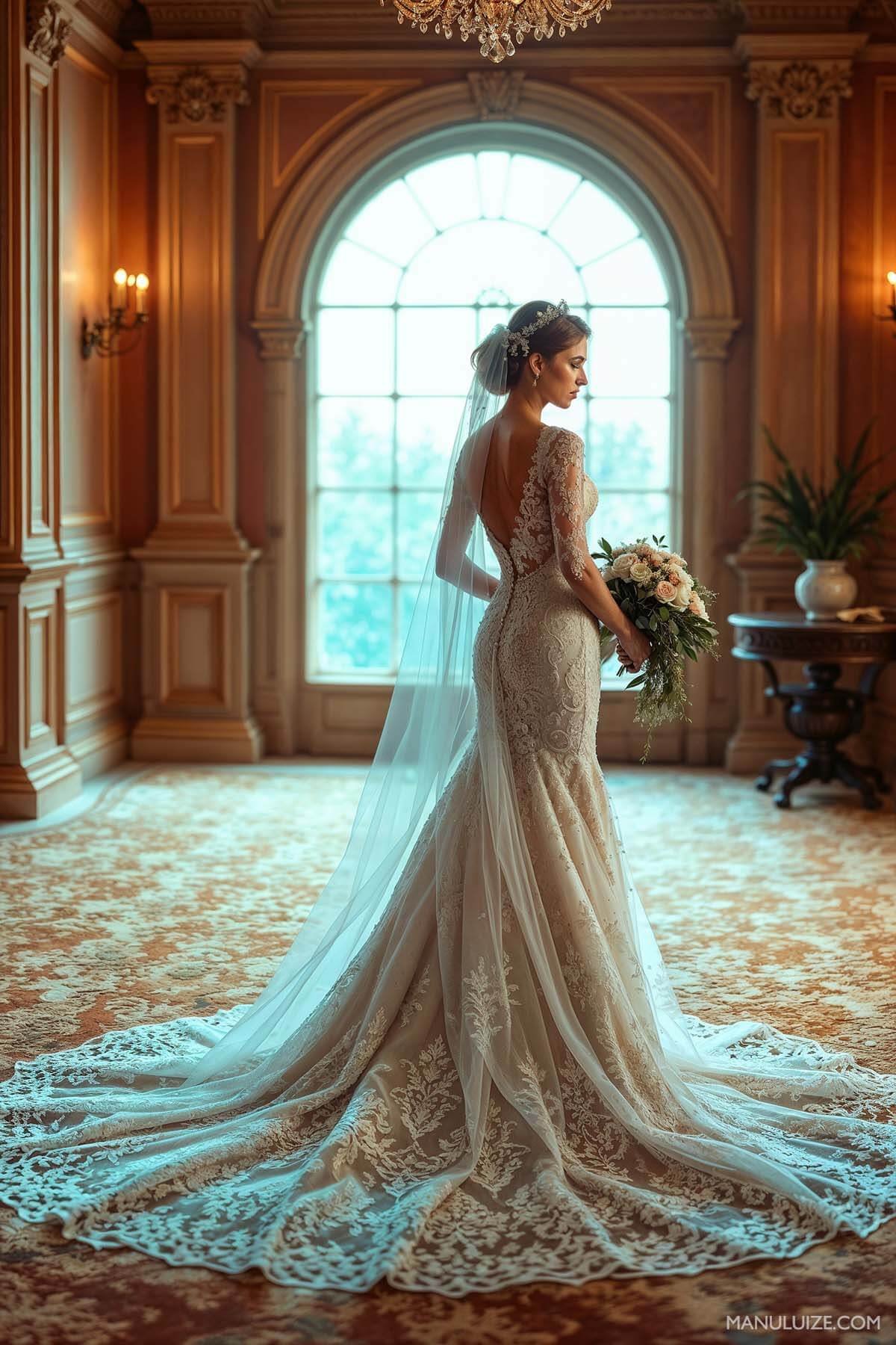 Long trail wedding dress with lace