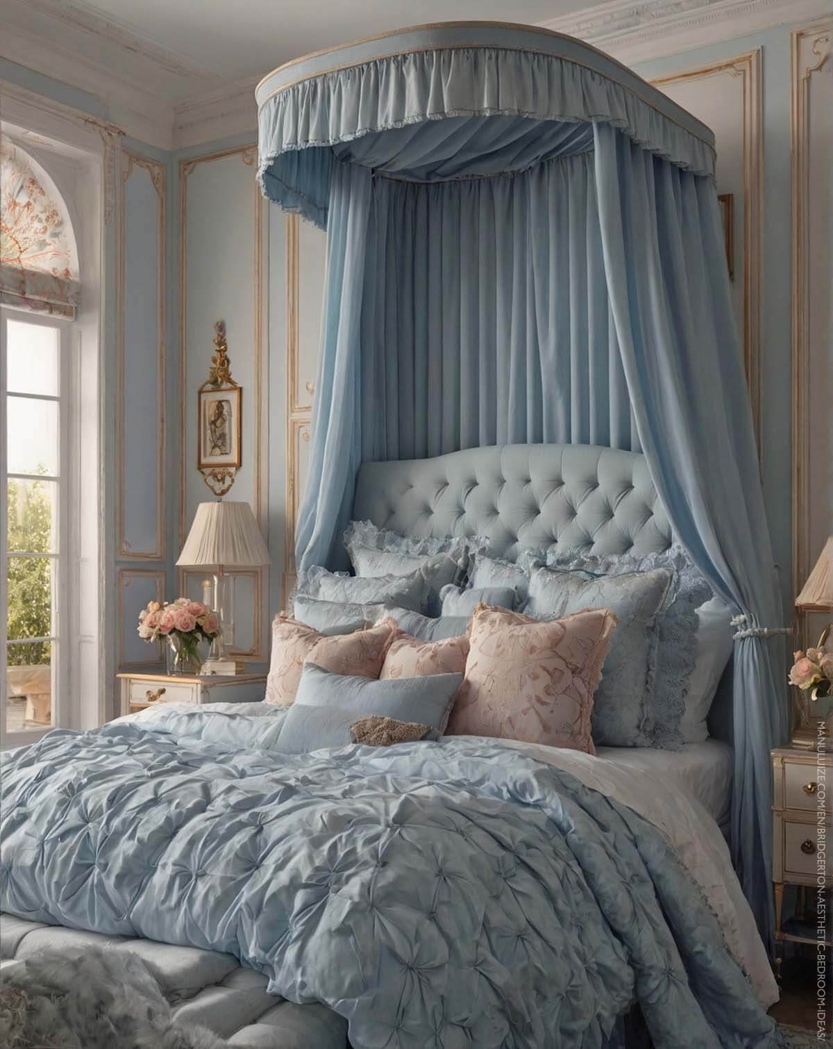 Bridgerton pastel blue canopy bed decor
