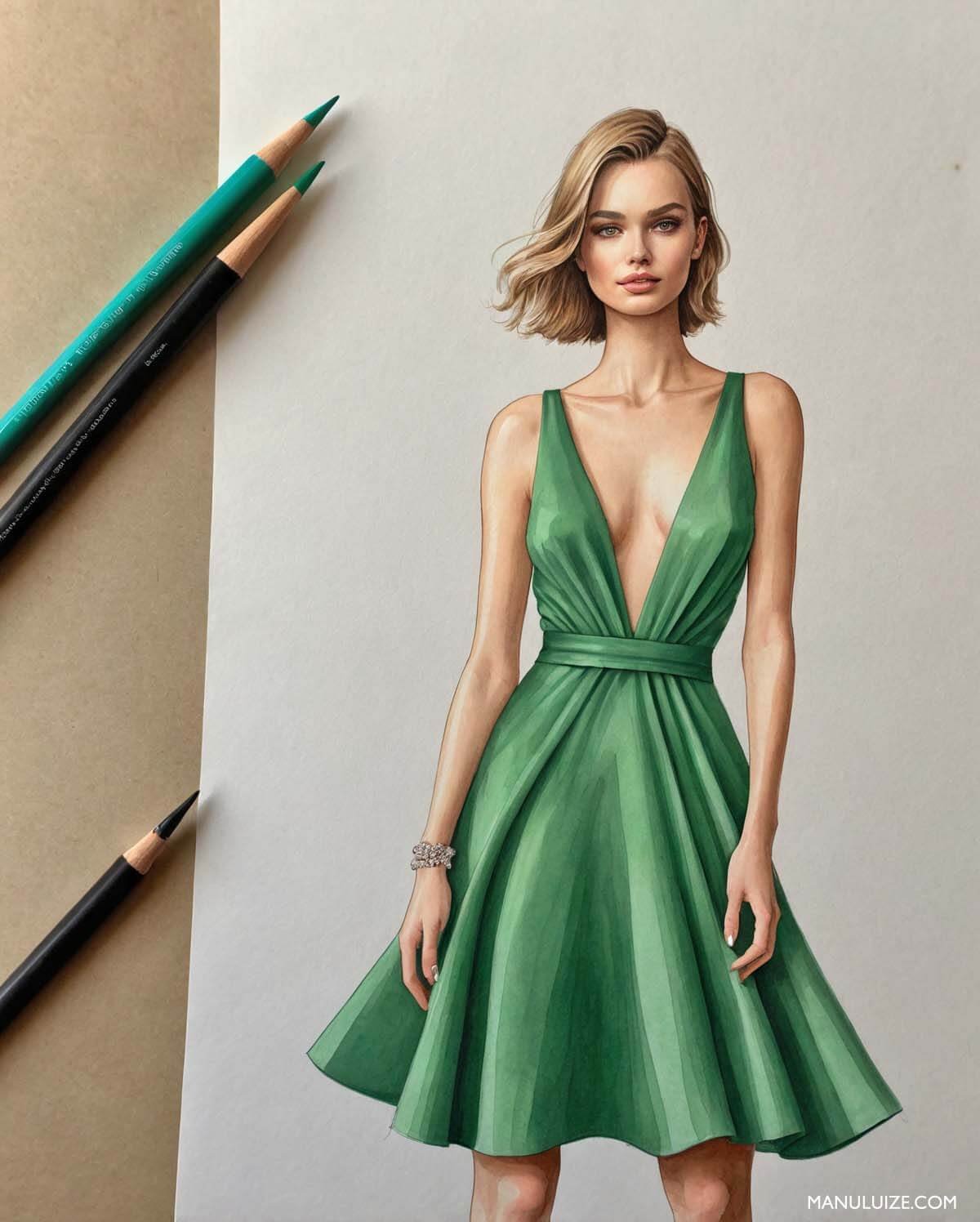 Croqui de moda de um vestido verde minimalista