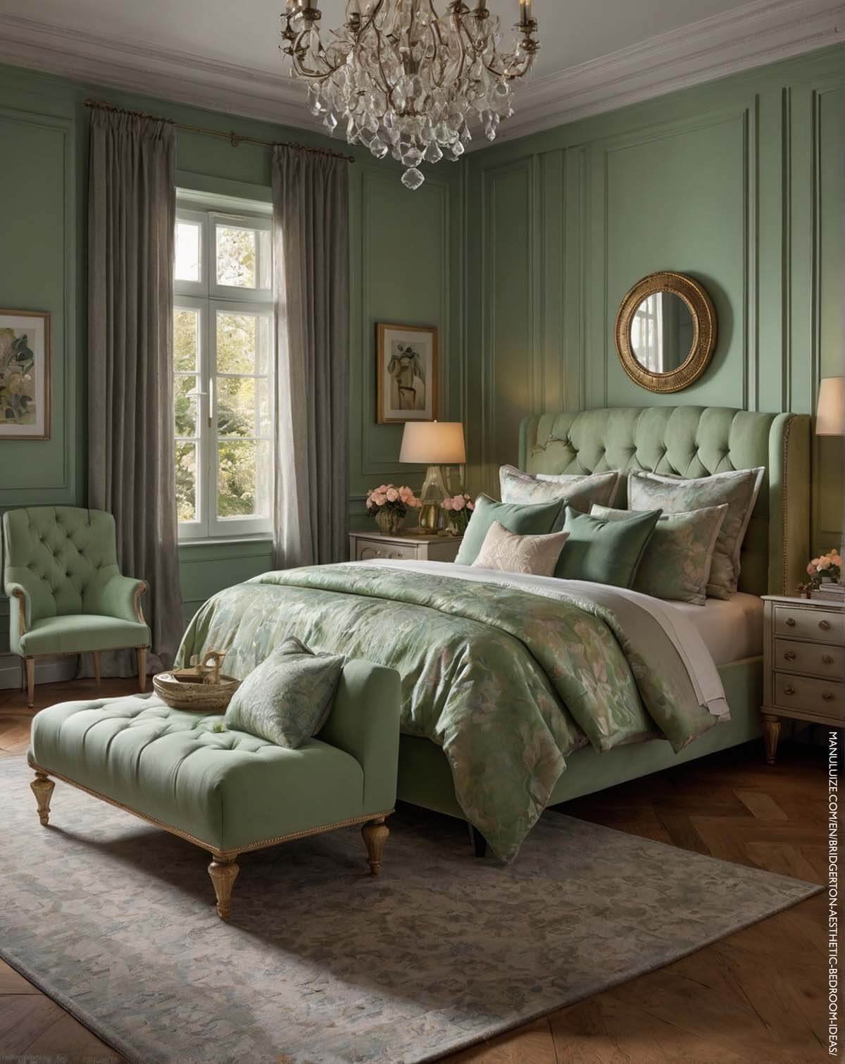 Pastel green Regencycore bedroom ideas