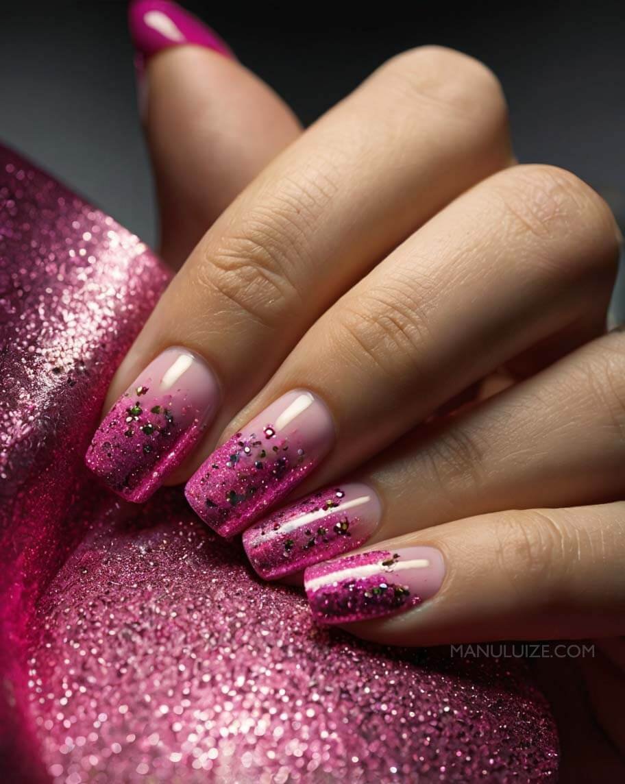 Hot pink manicure with glitter