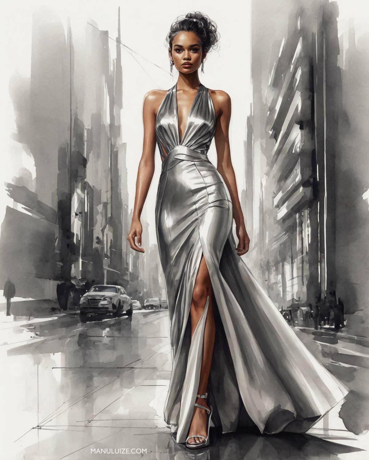 Ilustração de moda: vestido metalizado