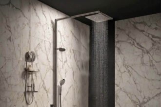 Modern black and white bathroom with shower