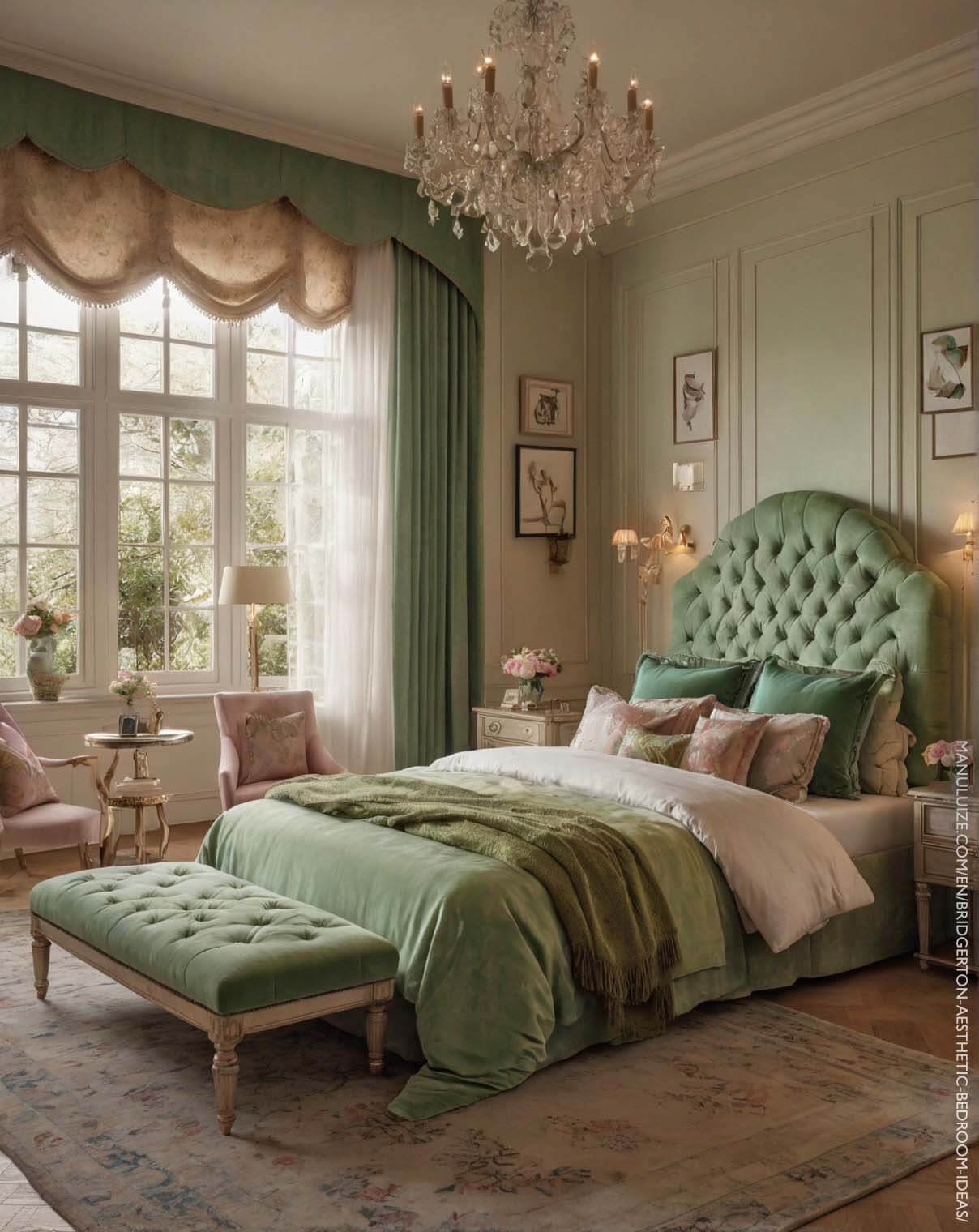 Pastel green Bridgerton aesthetic bedroom