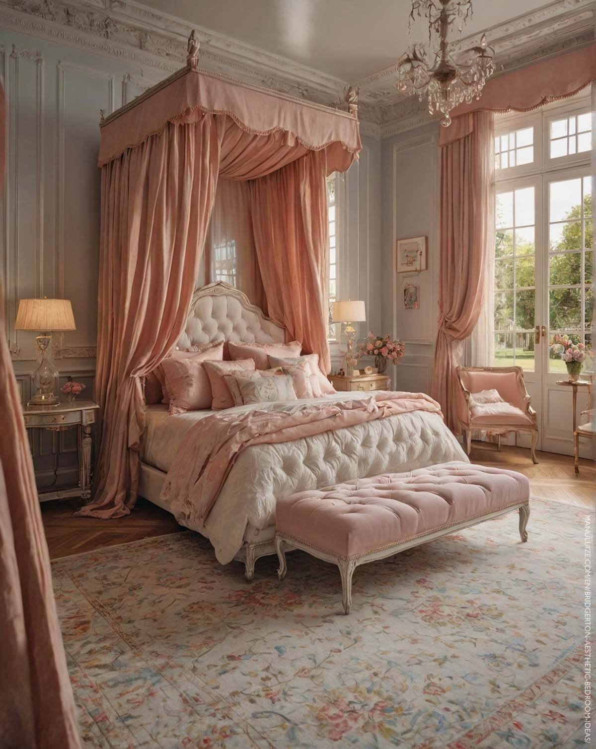 Pink Bridgerton canopy bedroom