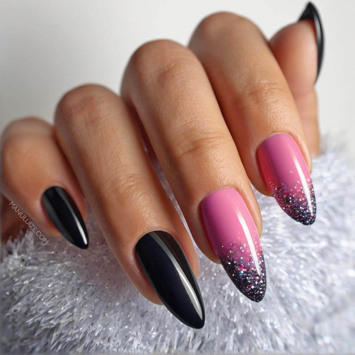 Pink glitter design with black polish