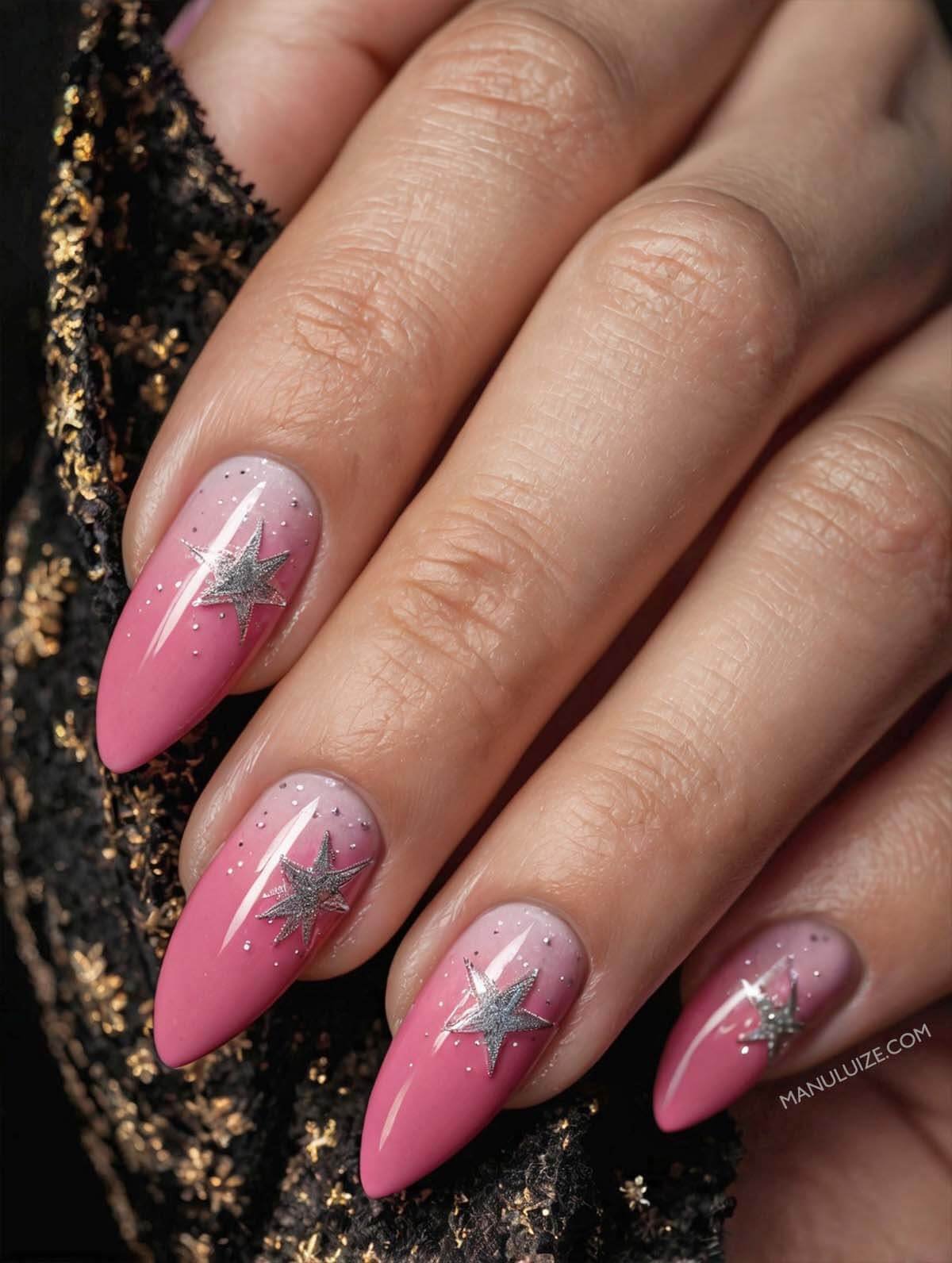 Pink and star silver nails