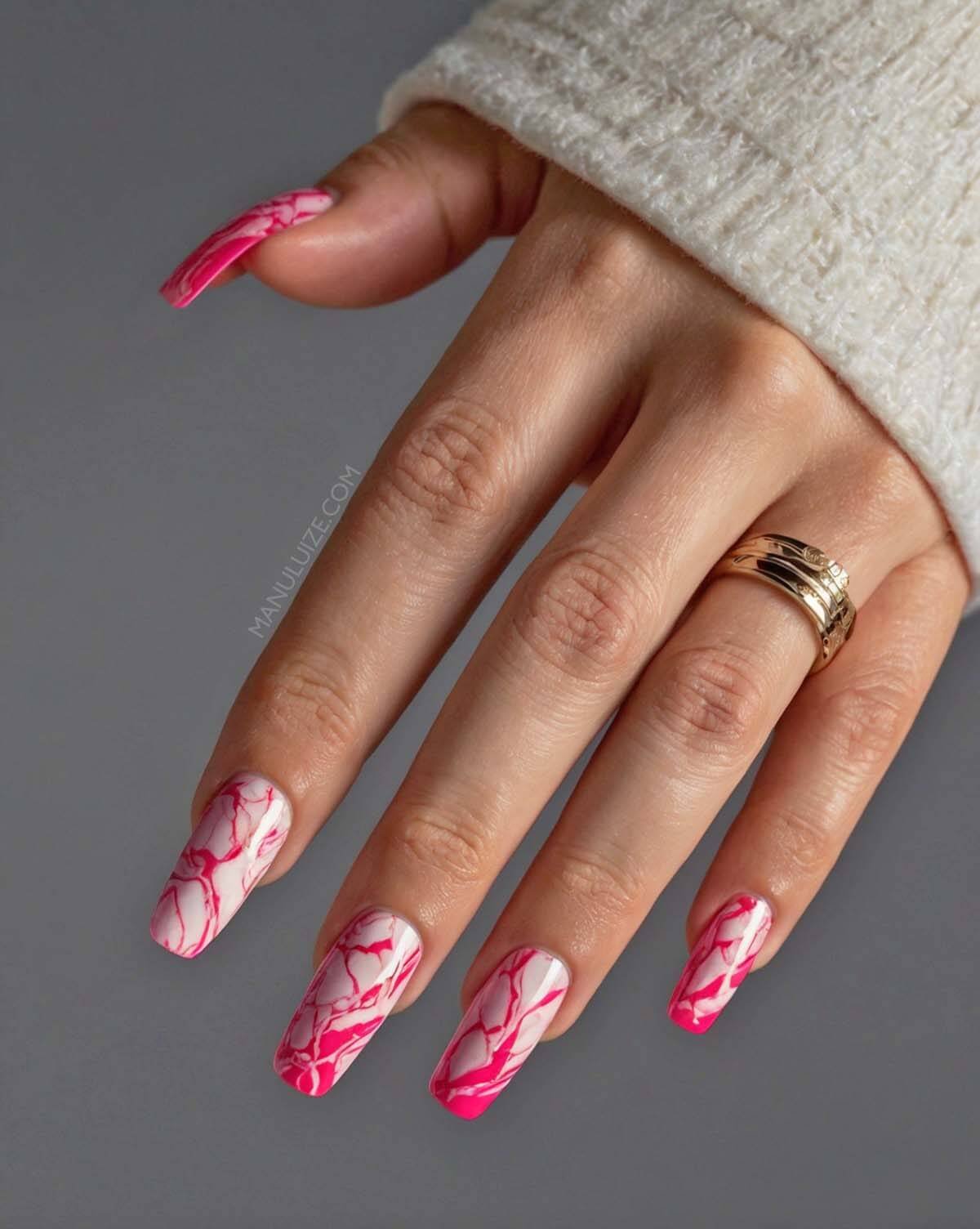 Hot pink and white marble nail