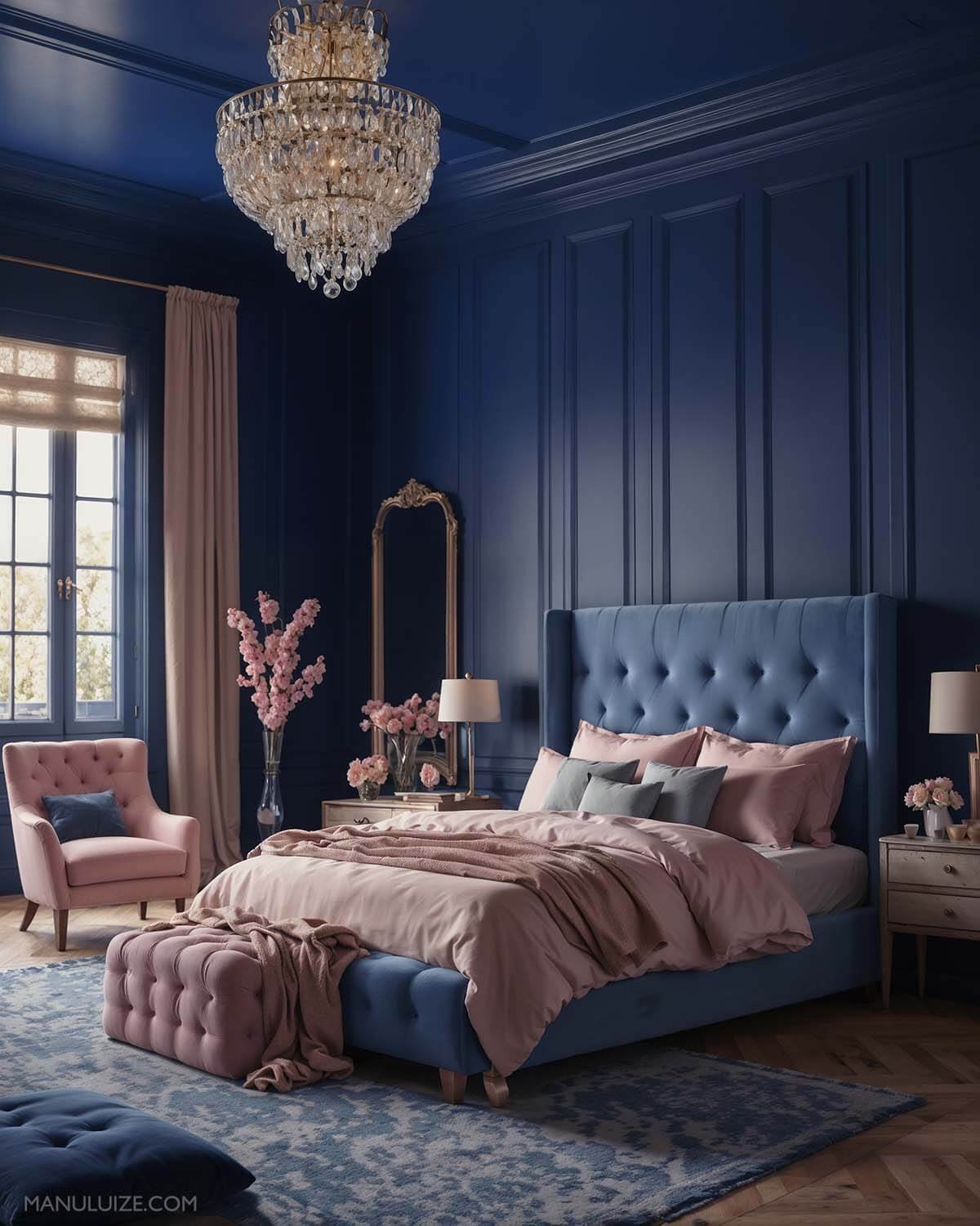 cobalt blue and dusty pink bedroom