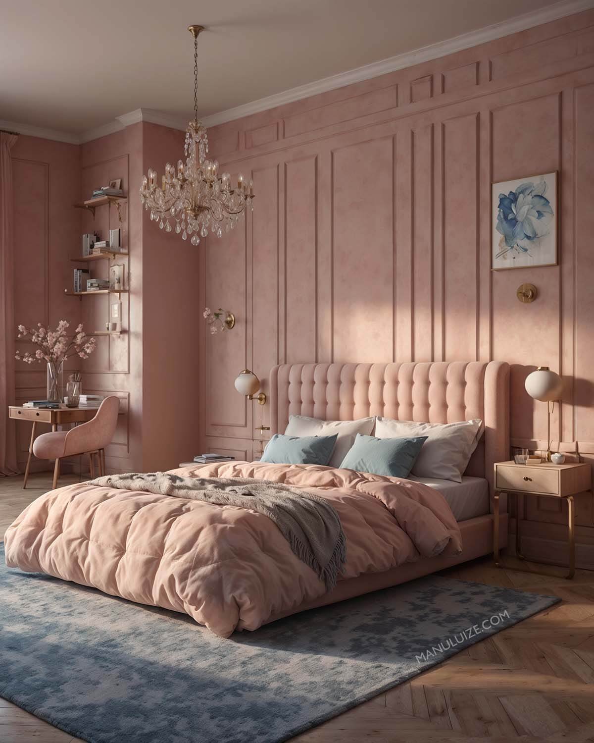 Dusty pink and blue bedroom interior