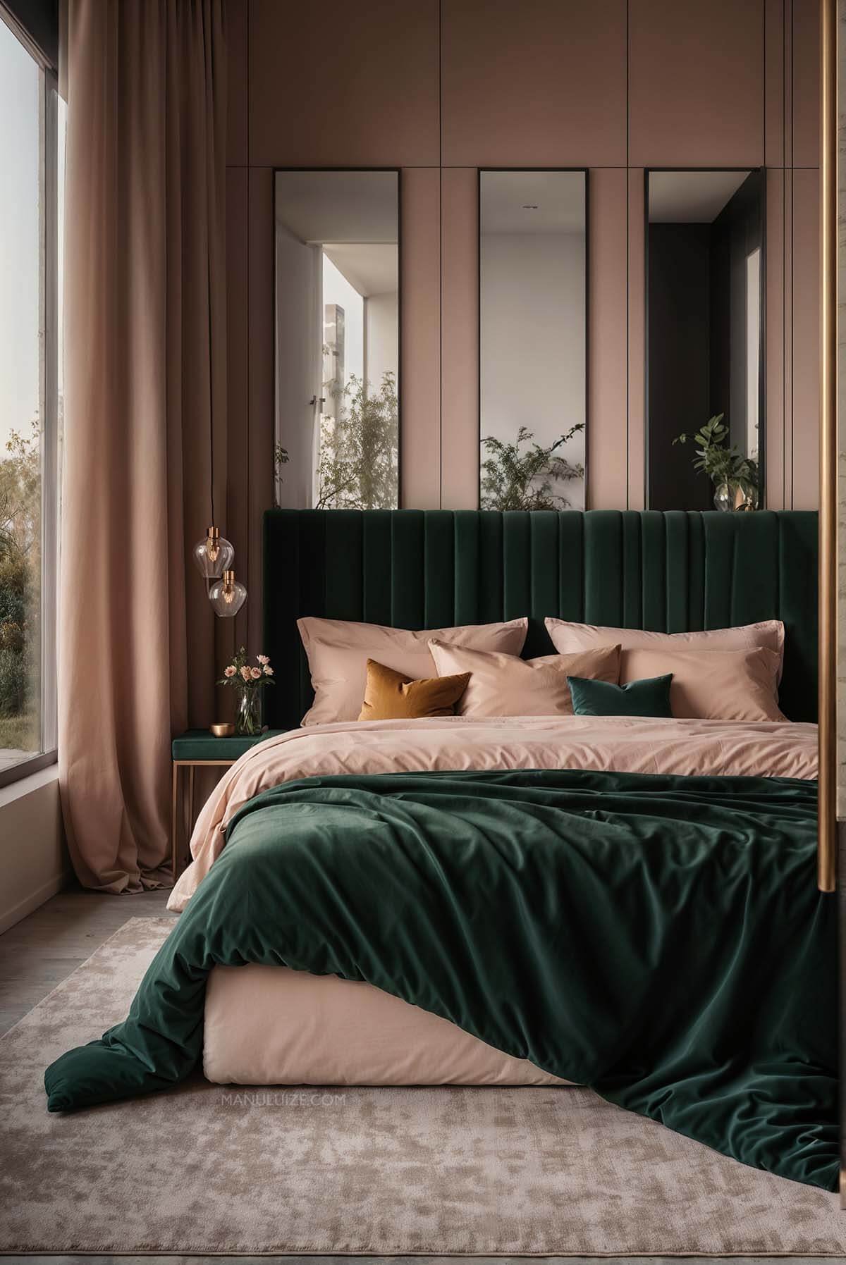 Dusty pink and green bedroom interior