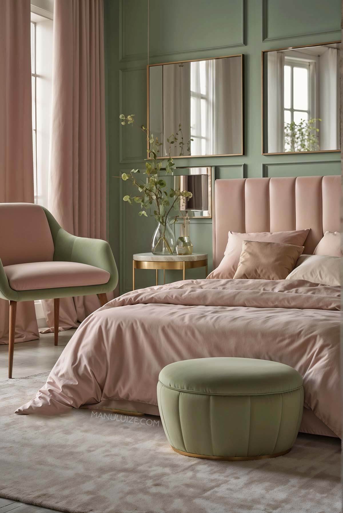 Dusty pink and green bedroom design