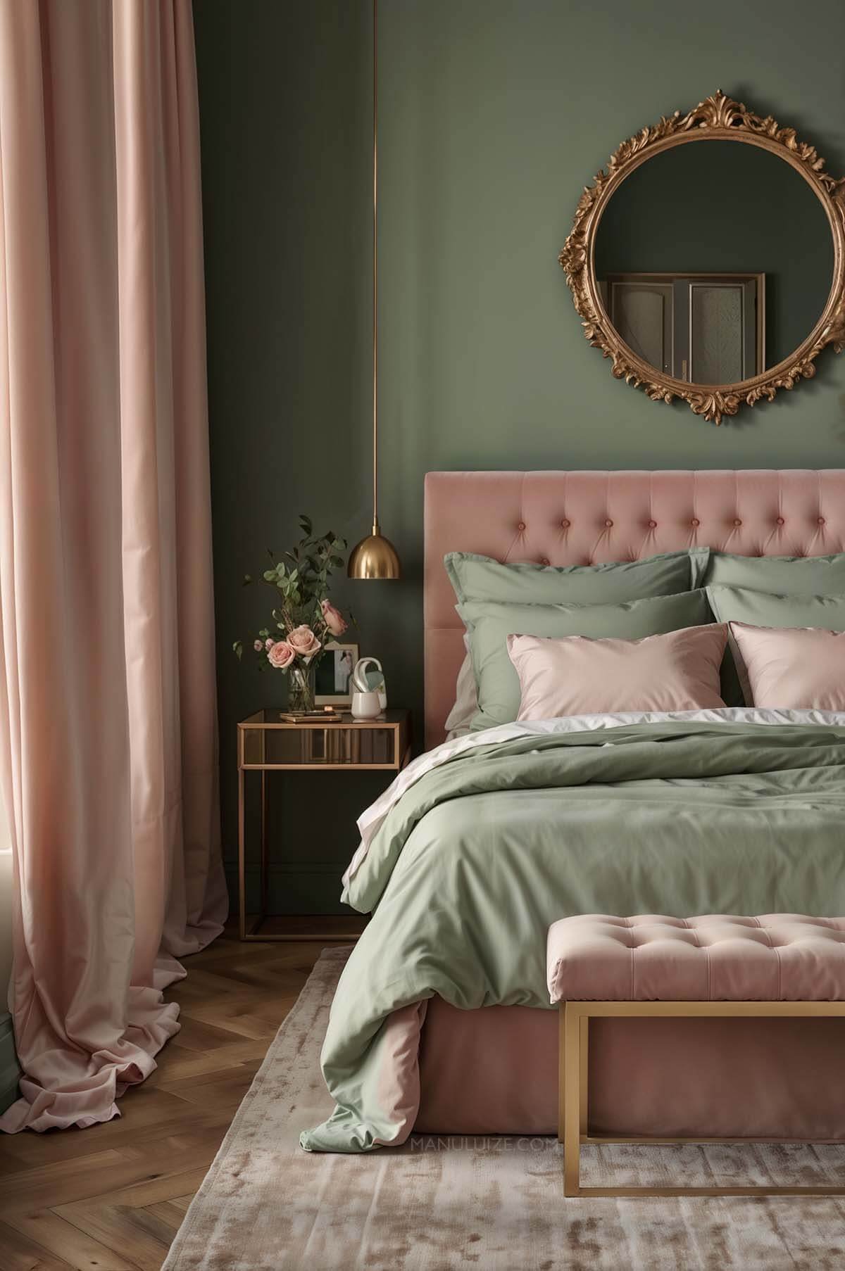 Dusty pink with light green interior design for bedroom