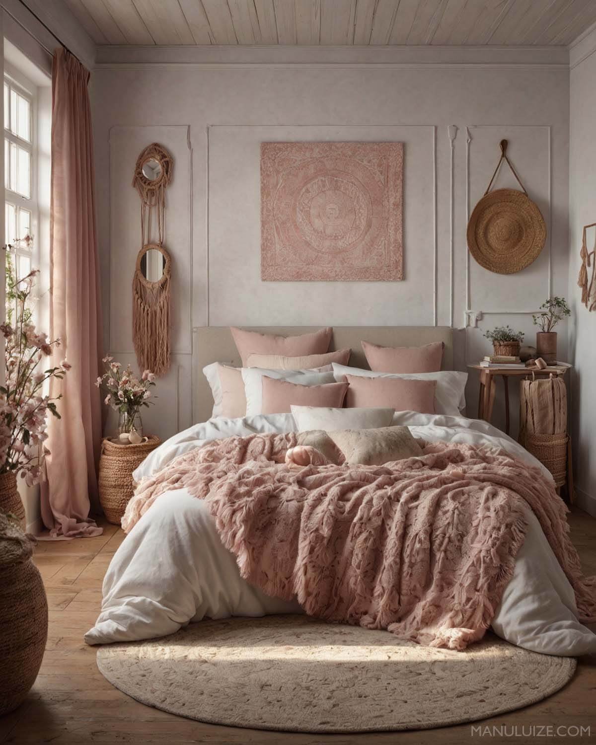 White and blush pink boho bedroom