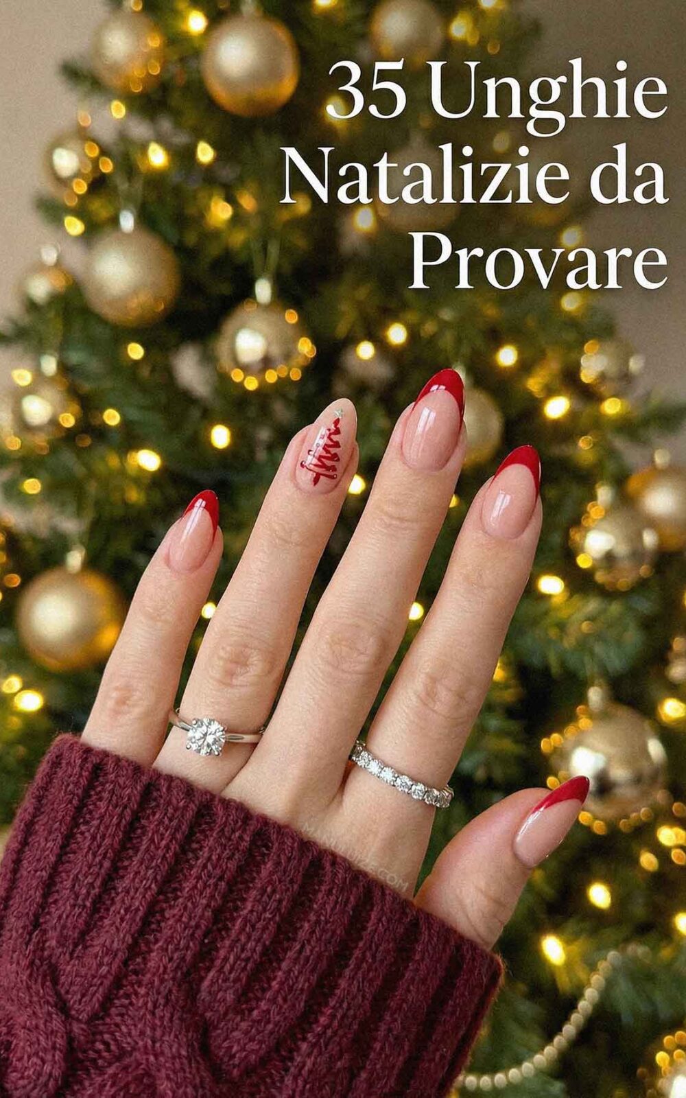 35 unghie natalizie: unghie French rosse con nail art di Natale