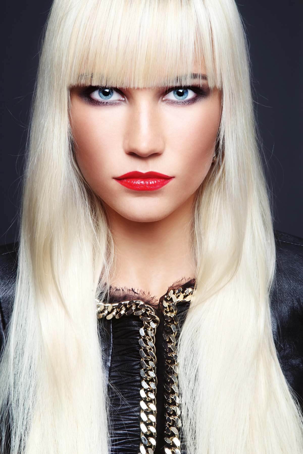 Platinum blonde with bangs