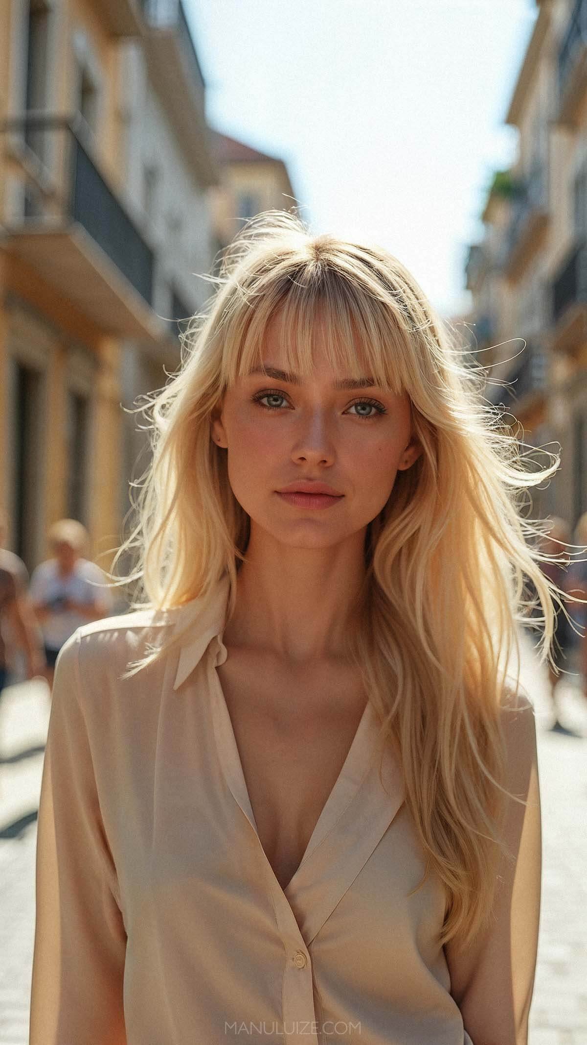 Warm platinum blonde hair with bangs