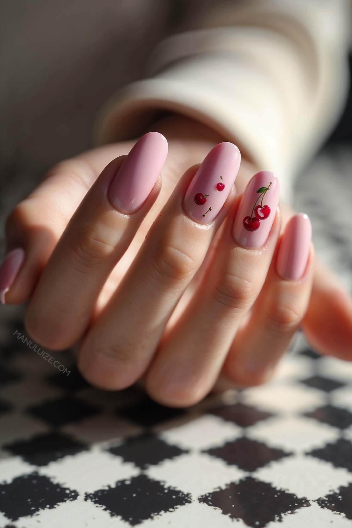 Cute soft pink cherry nails