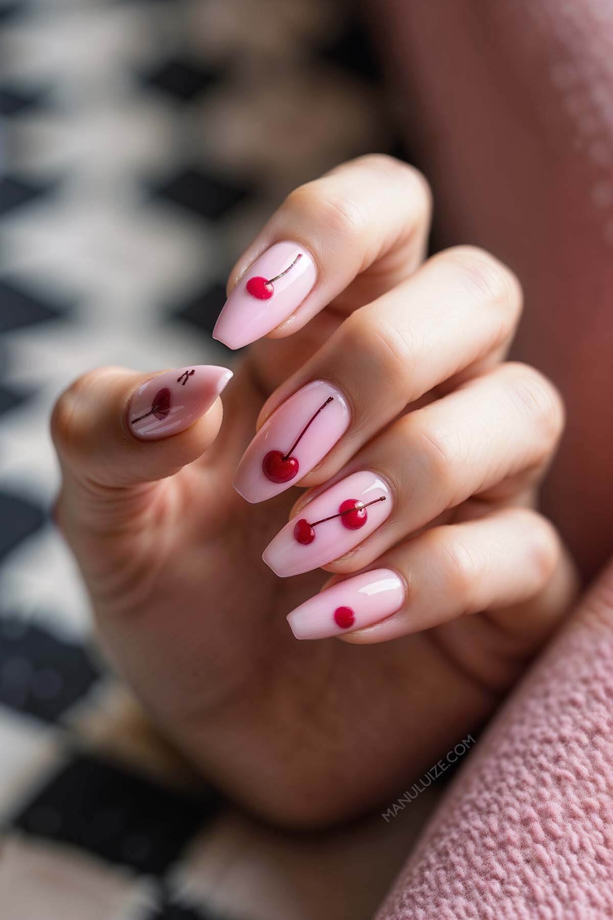 Light pink cherry nails