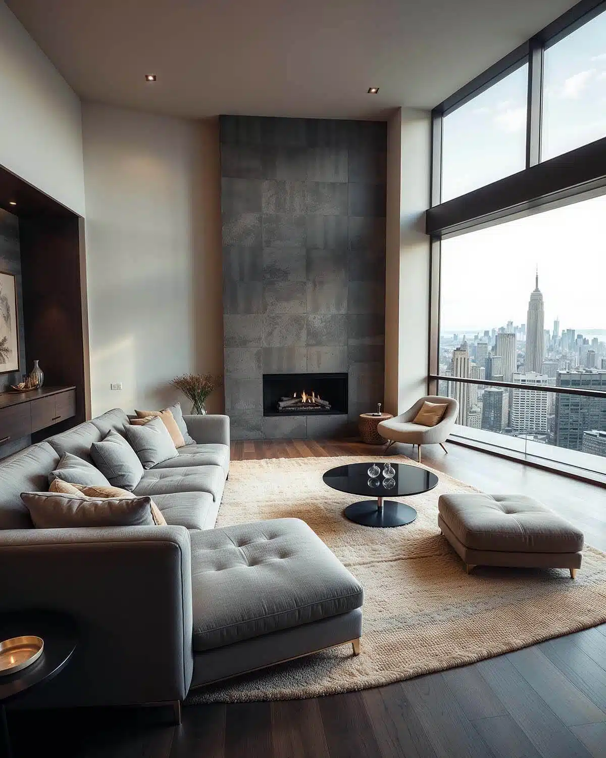 Modern minimal living room with fireplace NYC Modern minimal living room with fireplace NYC